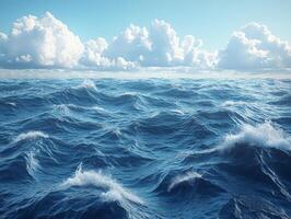 A serene ocean scene with gentle waves and fluffy clouds under a bright sky. photo