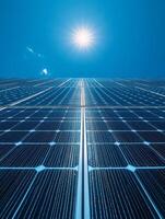 A close-up view of solar panels under a bright sun, highlighting renewable energy technology. photo