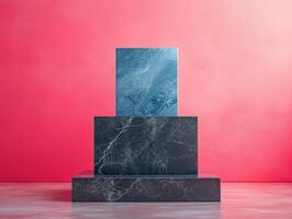 A minimalist display of geometric shapes on pedestals against a pink background. photo