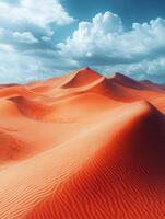 A vibrant desert landscape with rolling sand dunes under a blue sky and fluffy clouds. photo