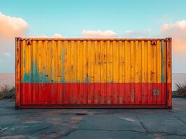 A weathered shipping container with vibrant yellow and red colors against a coastal backdrop. photo