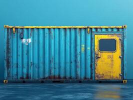A weathered shipping container with a blue and yellow color scheme. photo