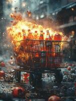 A shopping cart filled with exploding bottles amidst a chaotic urban setting. photo