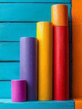 A colorful arrangement of wooden cylinders in varying heights against a vibrant background. photo