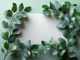 A blank space framed by green leaves on a soft background, ideal for invitations or announcements. photo