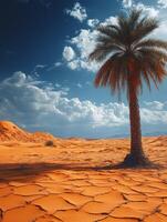 A solitary palm tree stands amidst a vast, arid desert landscape under a dramatic sky. photo