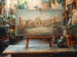 A painting displayed in an artistic space, capturing a historical cityscape. photo