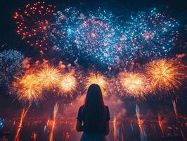 A person watching a vibrant fireworks display over a calm water body at night. photo