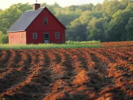A red farmhouse stands amidst freshly plowed fields under a serene landscape. photo