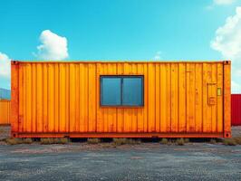 A vibrant orange shipping container with a window, set against a blue sky. photo