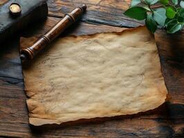 An aged parchment on a wooden surface, accompanied by a rolled scroll and a green plant. photo