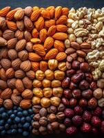 A colorful assortment of nuts and dried fruits arranged aesthetically. photo