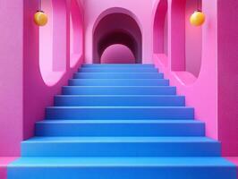 A vibrant staircase leading to a colorful archway in a playful architectural space. photo