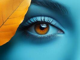 A close-up of a blue-toned eye with an orange leaf, creating a striking contrast. photo