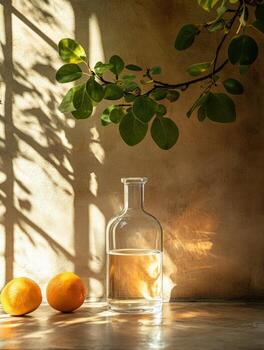 un sereno composición presentando un lleno de agua botella, naranjas, y frondoso oscuridad. foto