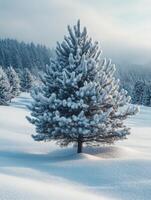 A snowy landscape featuring a frosted pine tree surrounded by a winter wonderland. photo