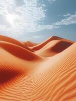 A serene desert landscape with gentle sand dunes under a blue sky and soft clouds. photo