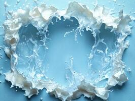 Splashing milk creates a dynamic, fluid frame against a blue background. photo