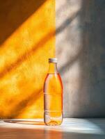 A clear bottle filled with a pink liquid, illuminated by sunlight against a colorful wall. photo