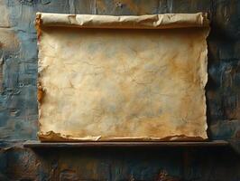 An aged, rolled parchment displayed on a textured wall, suggesting historical or artistic use. photo