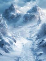 A serene winter landscape with snow-covered mountains and a winding path through the snow. photo