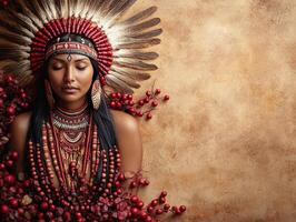 A serene portrait of a woman adorned with traditional jewelry and feathers against a textured background. photo