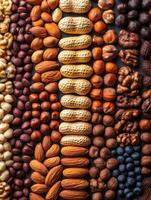 A colorful arrangement of various nuts and seeds displayed in a visually appealing manner. photo
