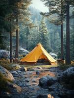 A serene yellow tent nestled by a stream in a lush forest setting. photo