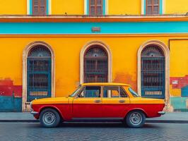 A colorful vintage car parked beside a vibrant, painted wall with arched windows. photo