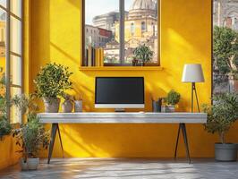 A bright, modern workspace featuring a desk, computer, plants, and a sunny window view. photo