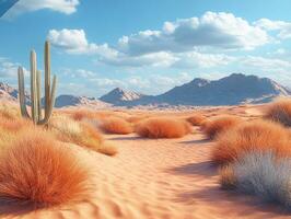 A serene desert landscape featuring cacti and vibrant grasses under a blue sky with clouds. photo