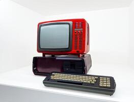 This image displays a retro computer terminal featuring a vibrant red monitor with ventilation panels and control buttons. The setup includes a vintage keyboard with beige and black keys, showcasing photo