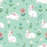 Spring seamless pattern with cute white rabbits and flowers. graphics. vector