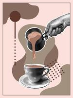 Trendy halftone collage. Hand with halftone effect pouring coffee from turbo into porcelain cup on abstract background. Abstract background color Mocha Mousse vector