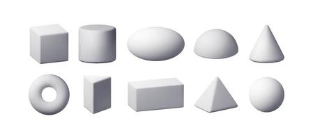 3d set of white simple figures isolated. Render basic geometric shapes icons. Cone, cube, cuboid, pyramid, cylinder, sphere, ellipse, ring. Voluminous geometry figures elements vector