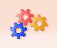 3D geometric colorful gear wheels. Render cogwheel isolated on white. Business team and teamwork concept. Partnership, business, cooperation, collaboration and management vector