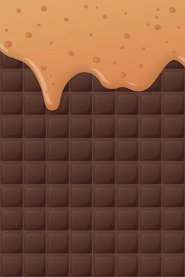 Melt salted caramel pouring on chocolate bar pattern vertical background graphic illustration.