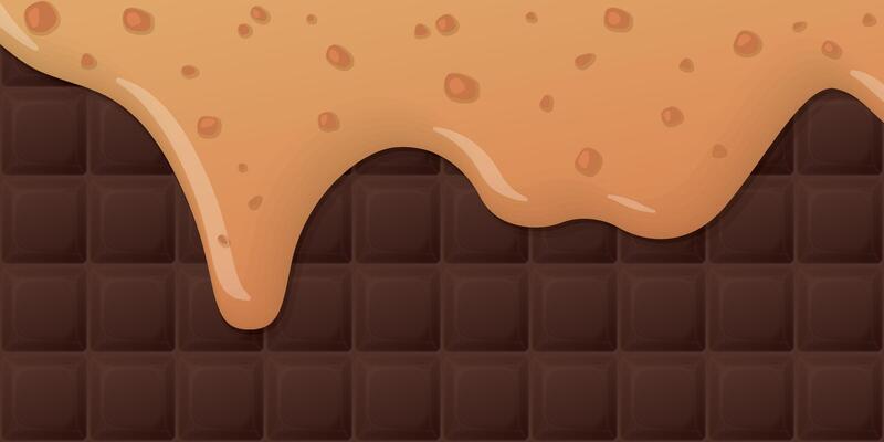 Melted salted caramel pouring on milk chocolate bar background graphic illustration.