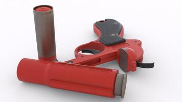 a red gun with a black handle and a red tube photo