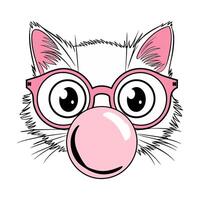 Cute Cartoon Cat with Glasses and Bubble Gum vector