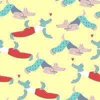 seamless pattern with furry characters doing yoga on yellow background vector