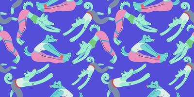 seamless pattern with furry characters doing yoga on blue background vector