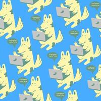 seamless pattern with dog working on laptop vector