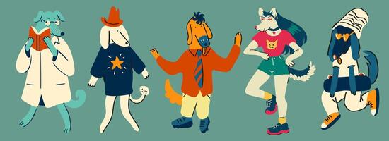 middle set of furry dogs character in different moods vector