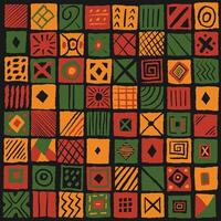 African ethnic pattern. Square tiles with abstract geometric lines and ornaments. Red yellow green simple hand drawn textured tribal background vector