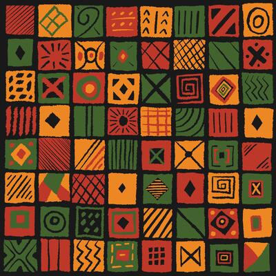 African ethnic pattern. Square tiles with abstract geometric lines and ornaments. Red yellow green simple hand drawn textured tribal background