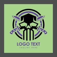 A logo featuring a stylized skull with a geometric design, flanked by two knives vector