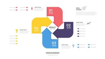 Venn diagram infographic chart arrow template for business start up. presentation 4 steps with venn diagram elements illustration. vector