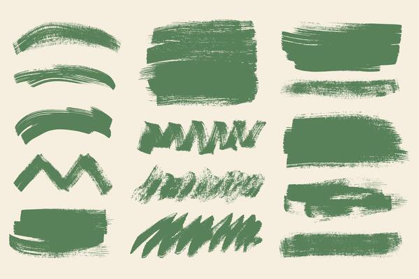 Collection of Ink Brush Strokes. Big Bold Brush Stroke Lines Set. Green thick grunge banners, underline and highlight brush textures for posters, presentations, ads