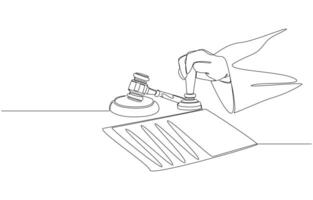 Continuous one line drawing of judge's hand stamping document, law and judgement concept, single line art vector